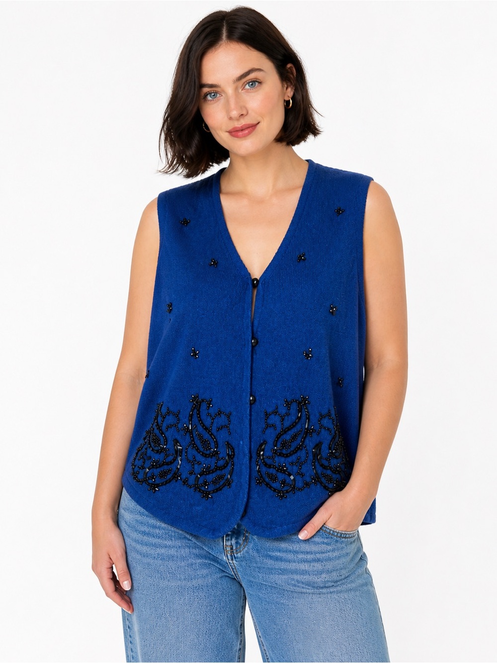 Vintage 90s Blue Beaded Cardigan Vest NWT Size Large